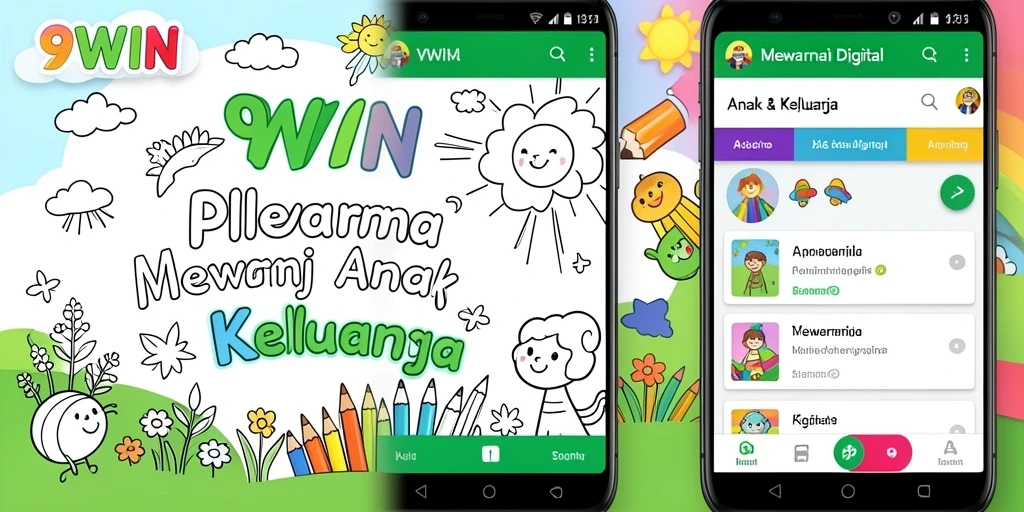 Antarmuka aplikasi mewarnai digital 9WIN yang ramah anak.