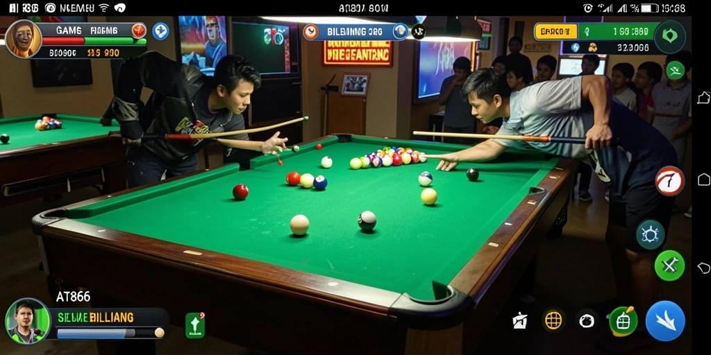 Screenshot AT866 menunjukkan antarmuka permainan Billiard yang menarik dan interaktif.